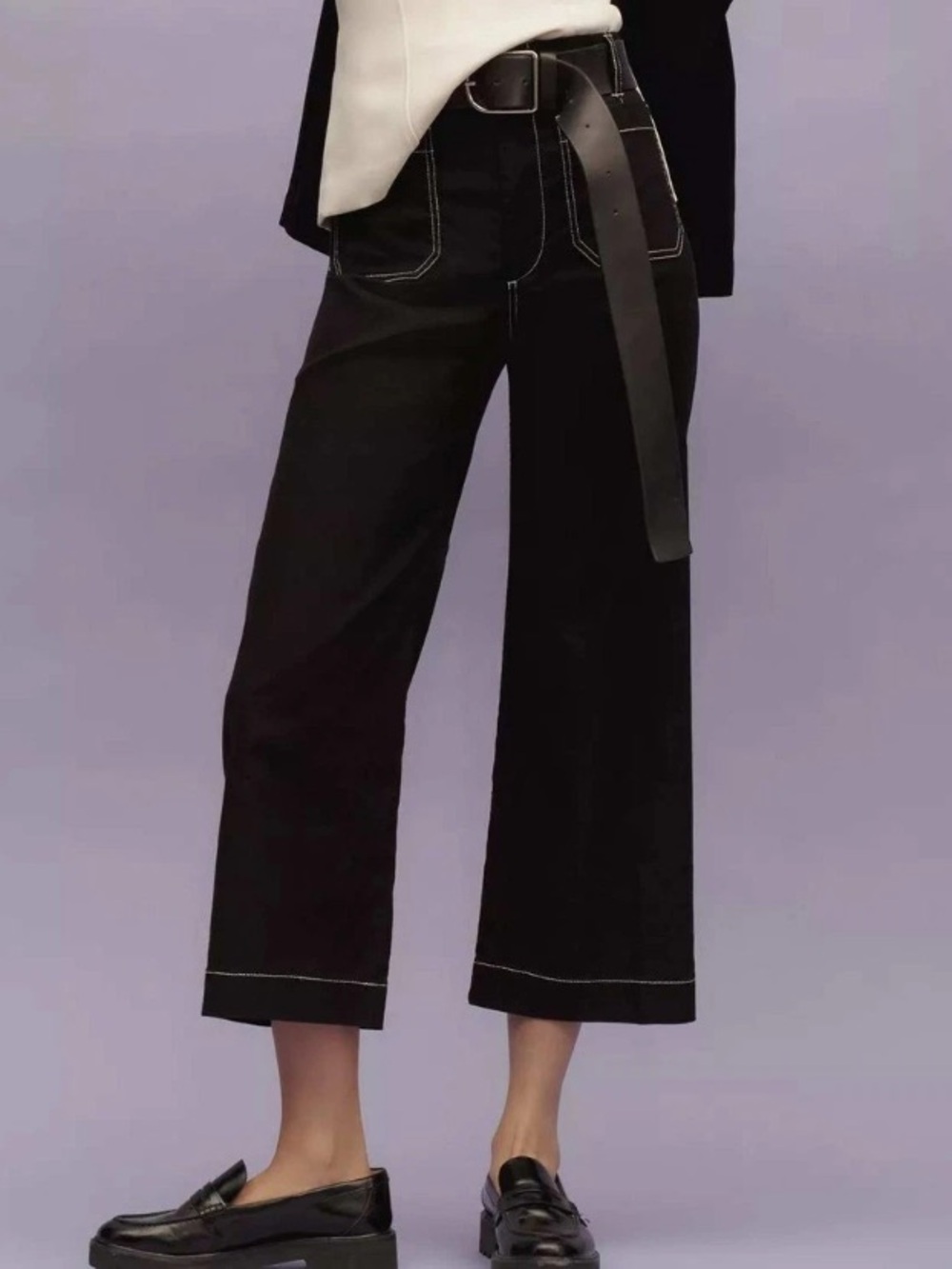 Maeve Black Contrast Stitch Magic Fabric The Colette Wide Leg Cropped Pants 16W
